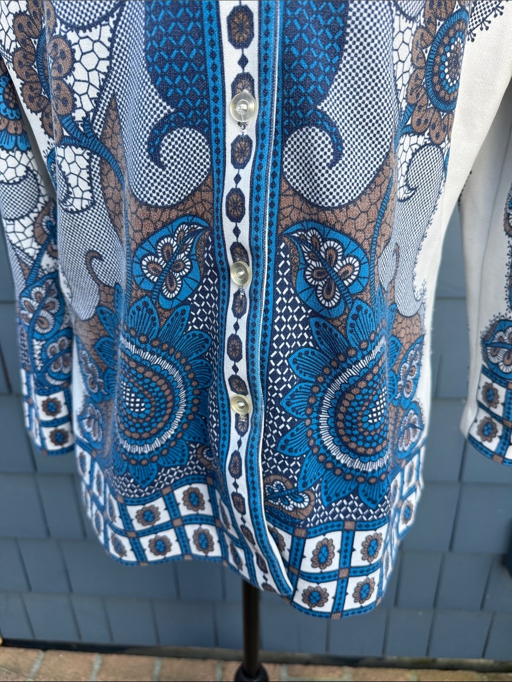 Vintage Blue and Brown Floral Button-Down Knit Shirt polyester top blouse - Picture 4 of 9